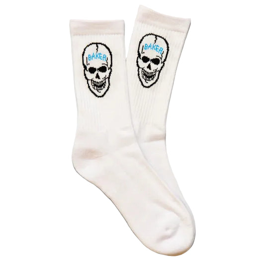 A pair of off-white crew socks featuring a black embroidered skull with the word 'BAKER!' in light blue above it, displayed against a light gray background.