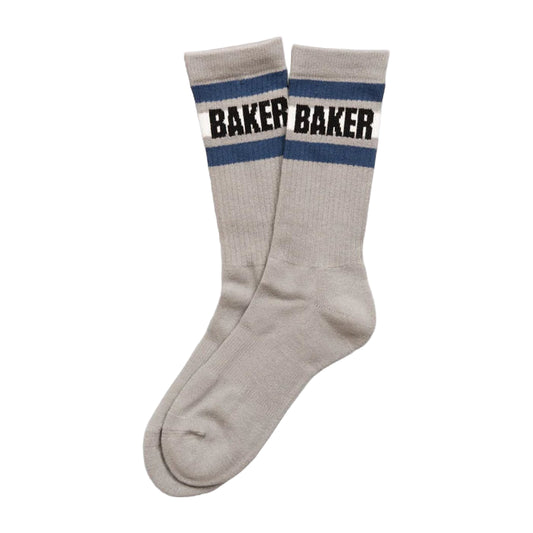 Gray socks with blue stripes and 'Baker' branding on a white background