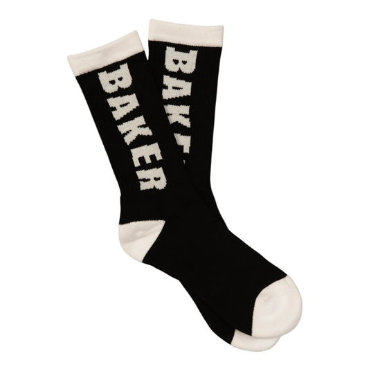 Black socks with 'BAKER' text on a white background