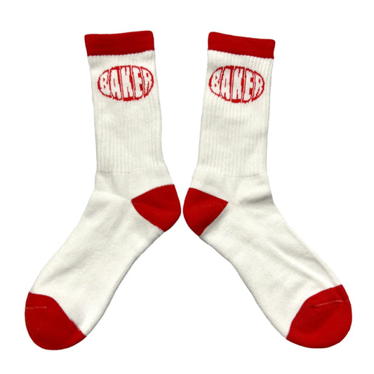 White socks with red accents and 'Baker' logo on a white background
