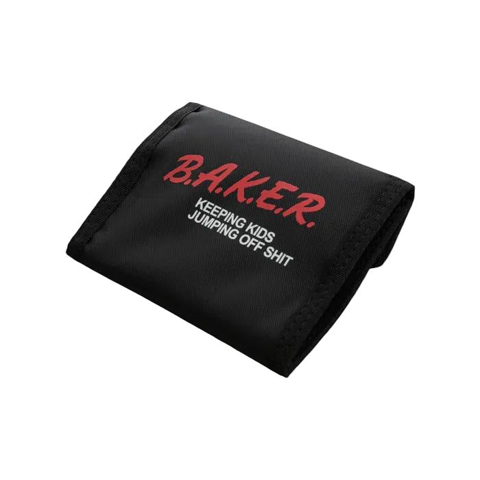 Black wallet with red and white text on a light gray background