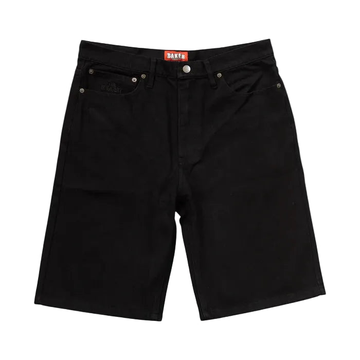 Black denim shorts with a brand label on a white background