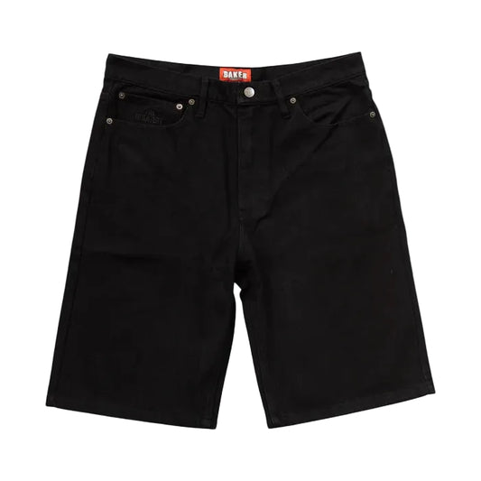 Black denim shorts with a brand label on a white background