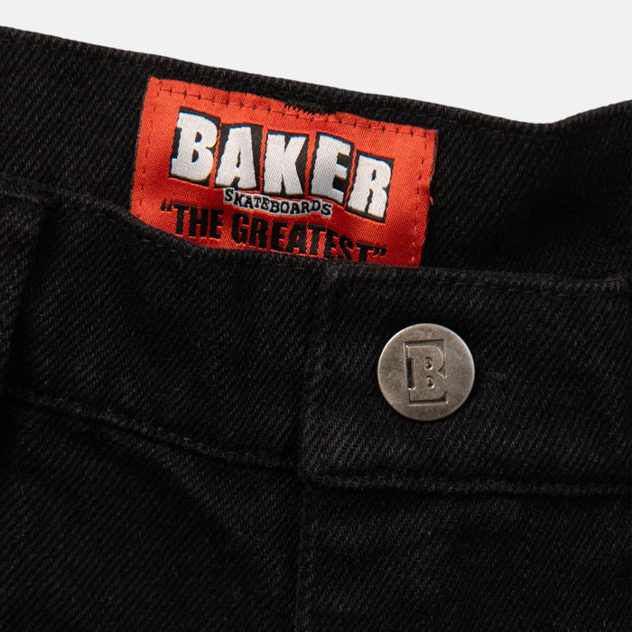 Close-up of a black jacket with a red Baker brand label on a white background