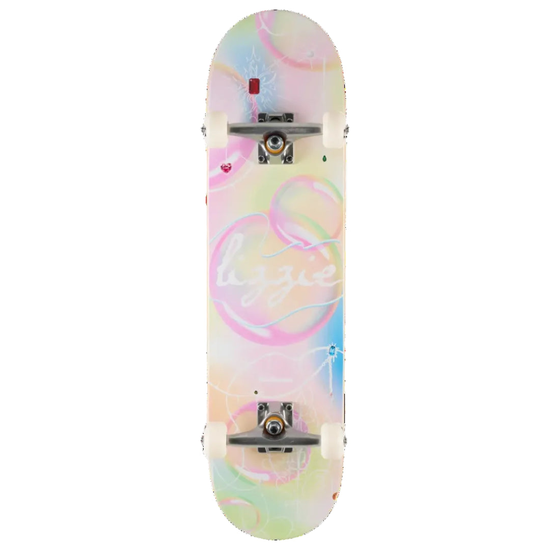 A full-size skateboard with a pastel multicolor graphic design on the deck, featuring pink and blue bubble motifs and the script brand name 'Lizzie' on the underside. The skateboard is shown against a solid white background.