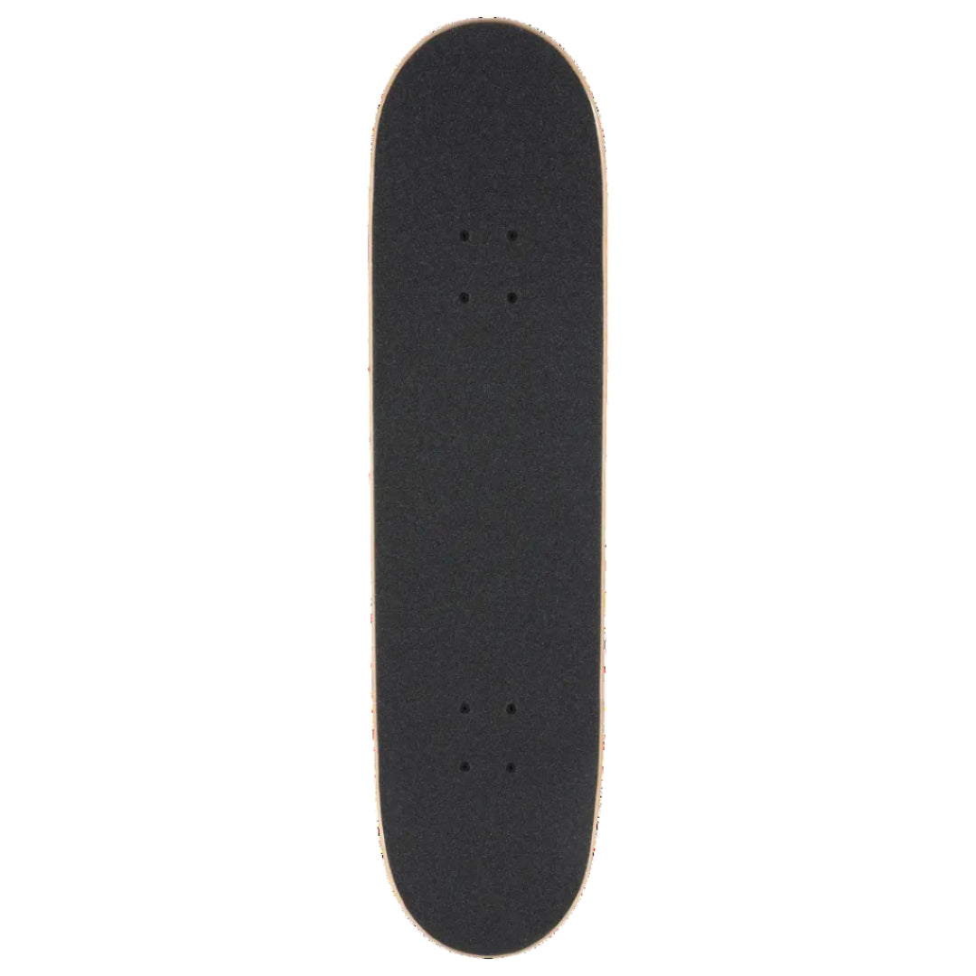 A black skateboard deck with grip tape, shown vertically against a plain white background.