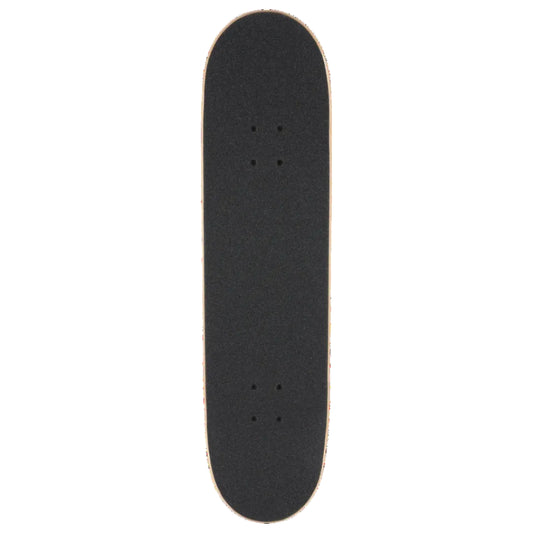 A black skateboard deck with grip tape, shown vertically against a plain white background.