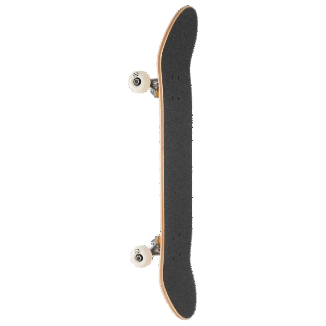 A skateboard shown vertically from the underside, featuring a black grip tape deck, natural wood edge, and white wheels with metal trucks, isolated on a white background.