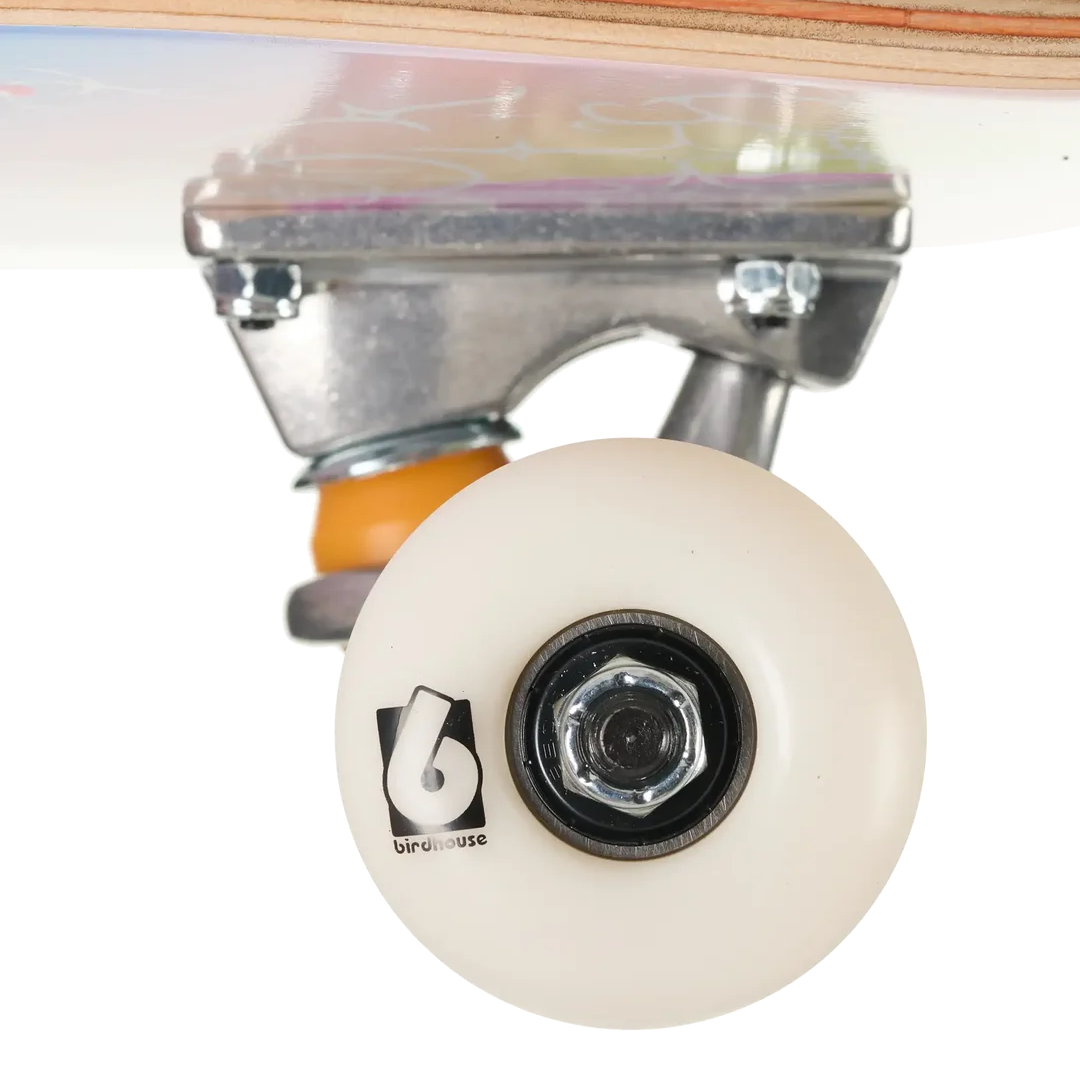 Close-up of a skateboard wheel and truck assembly on a white background, showing a translucent off-white wheel with a black logo, silver metal hardware, and part of the wood deck.