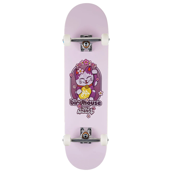 Pink skateboard deck with a character design on a white background
