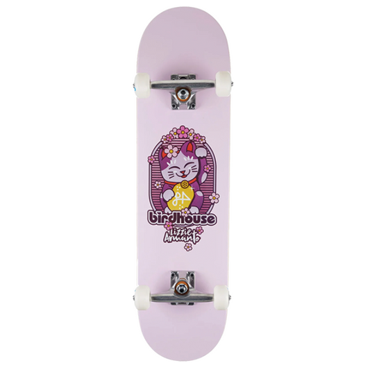 Pink skateboard deck with a character design on a white background