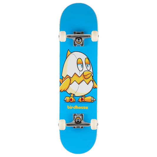 A skateboard shown from the underside, featuring a bright blue deck with a cartoon chick graphic in yellow, white, and orange. The brand name 'birdhouse' is printed in yellow near the bottom.