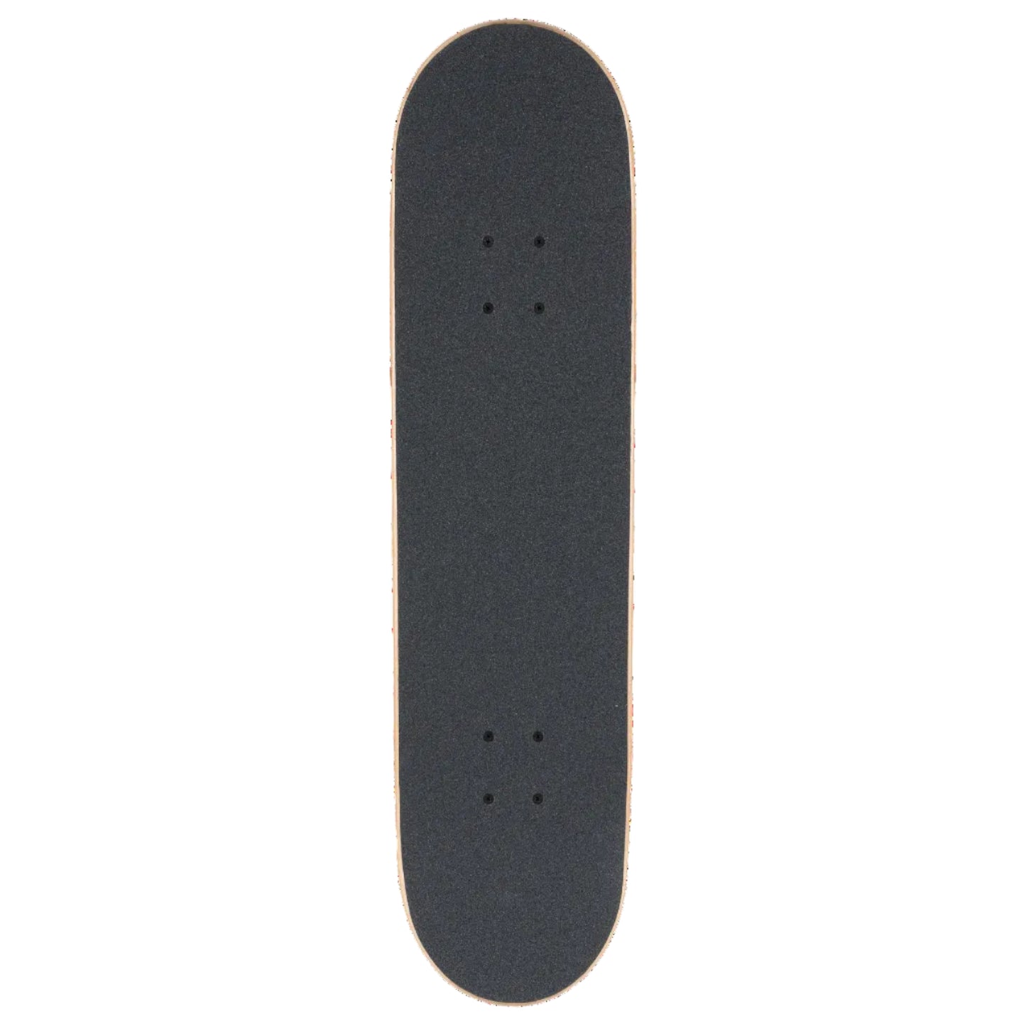 A skateboard deck viewed from above, featuring a black grip tape surface with pre-drilled hole locations, set against a plain white background.