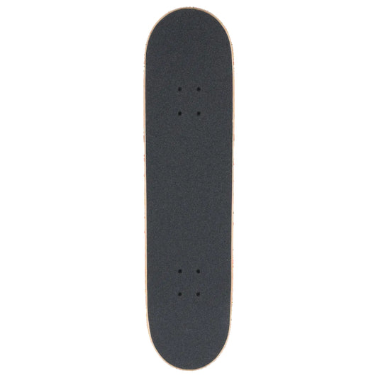 A skateboard deck viewed from above, featuring a black grip tape surface with pre-drilled hole locations, set against a plain white background.