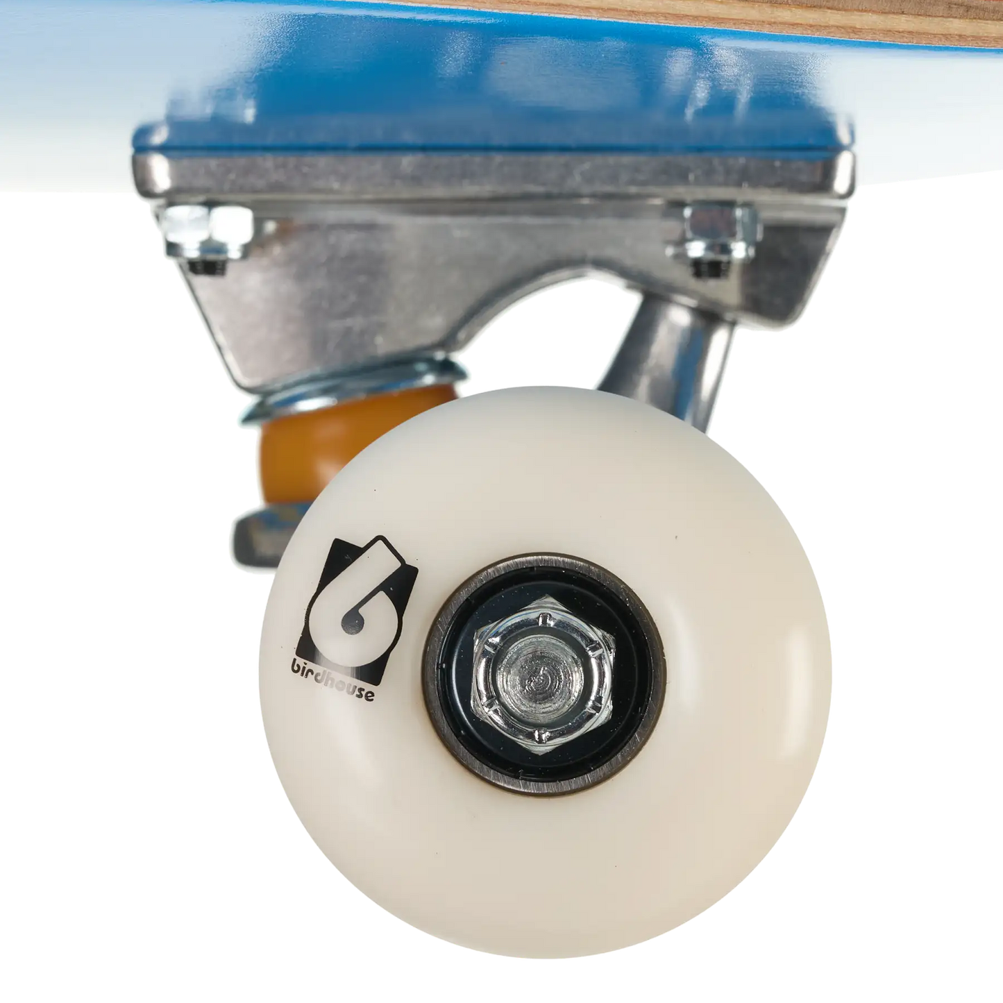 Close-up of a skateboard wheel and truck assembly on a white background, showing a cream-colored wheel with a black logo, silver metal hardware, and part of the blue and wood deck.