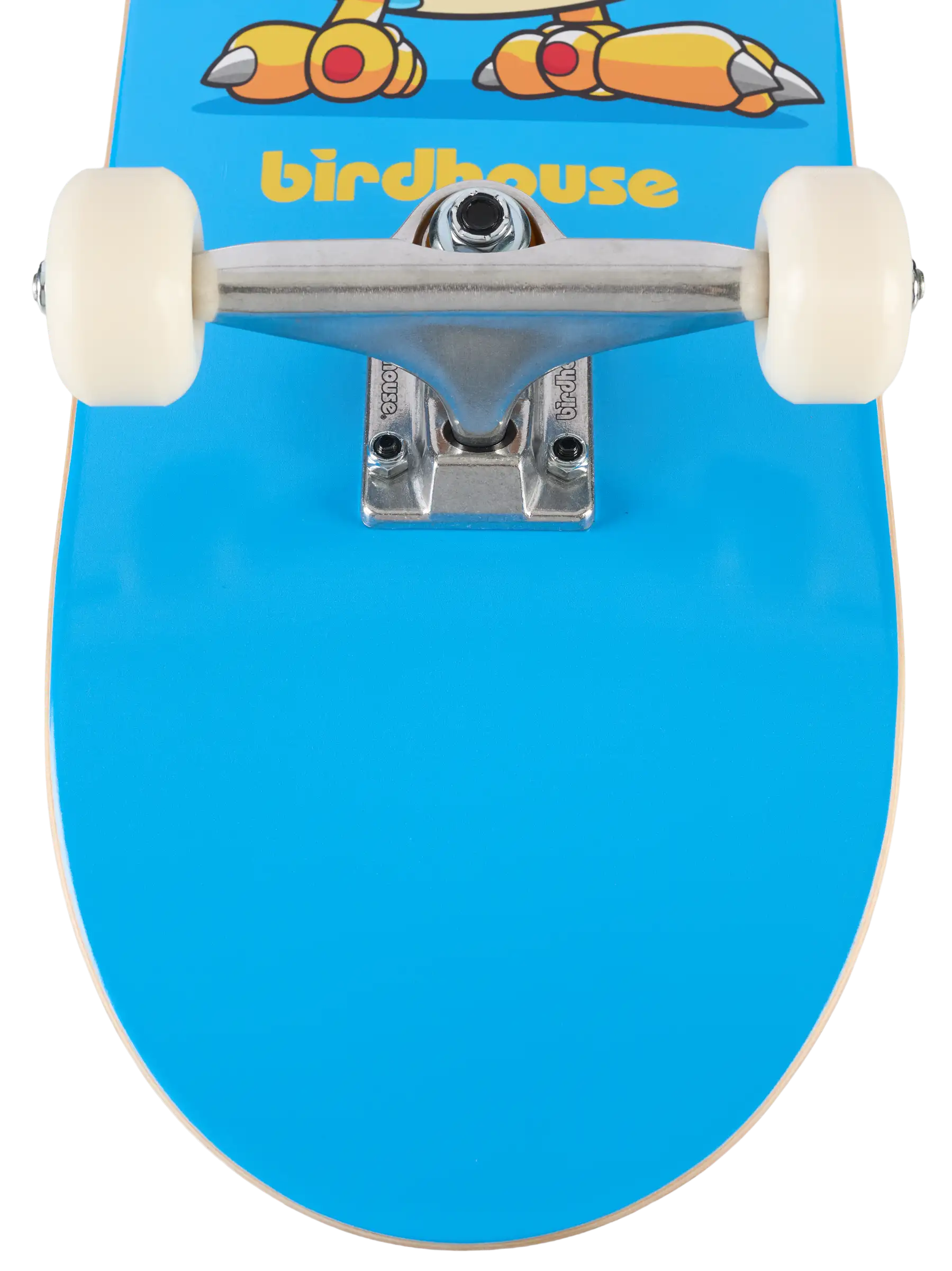 Close-up of a skateboard deck with a bright blue finish, featuring a cartoon graphic and the 'birdhouse' brand name in yellow near the trucks and wheels.
