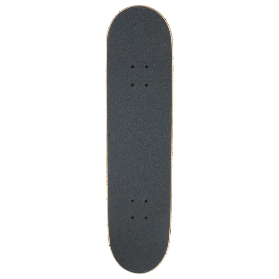 A skateboard deck viewed from directly above, featuring a dark gray grip tape surface with pre-drilled hole locations and a light-colored wood edge, isolated on a white background.