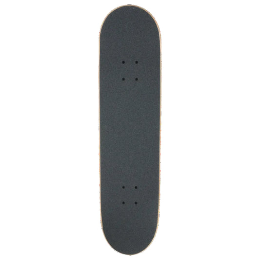 A skateboard deck viewed from directly above, featuring a dark gray grip tape surface with pre-drilled hole locations and a light-colored wood edge, isolated on a white background.