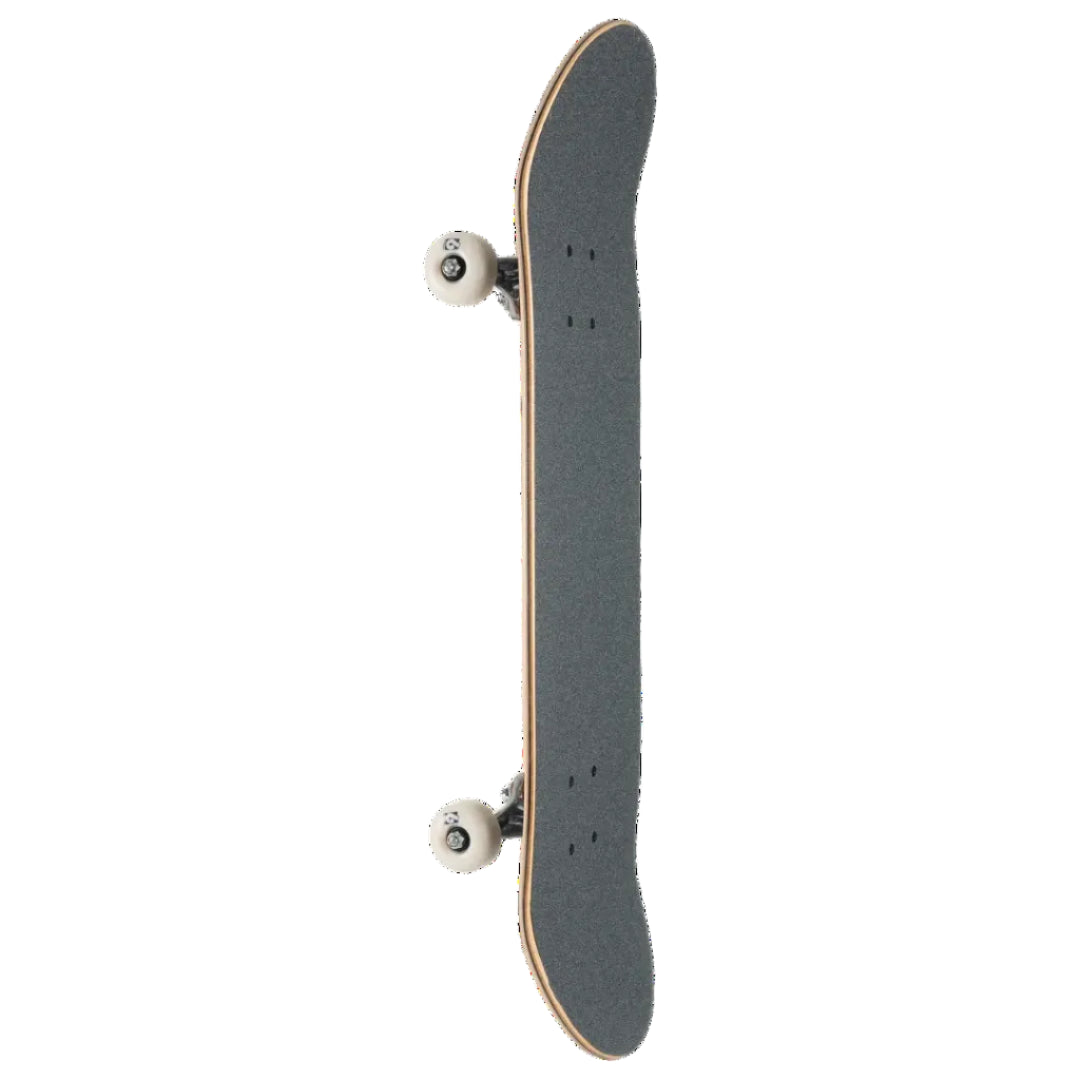 A skateboard shown vertically from the side against a solid white background, featuring a dark gray grip tape deck, white wheels, and a light wood edge.