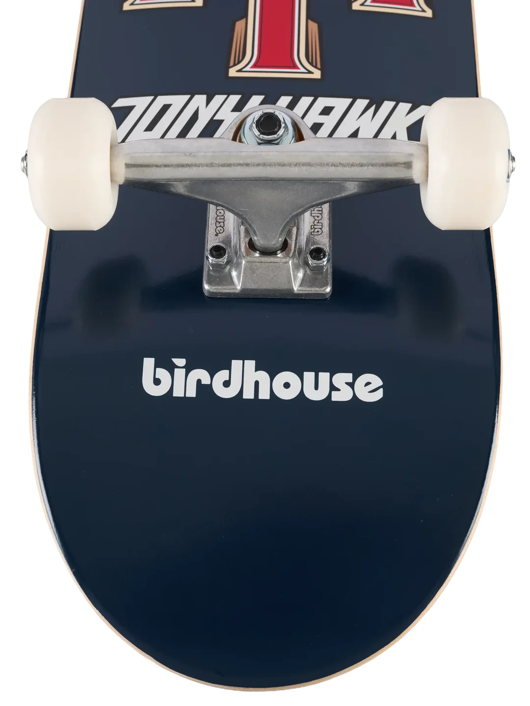 Close-up of a skateboard deck underside showing a dark navy blue surface with white 'birdhouse' branding, part of a red and gold graphic near the nose, white wheels, and silver trucks.