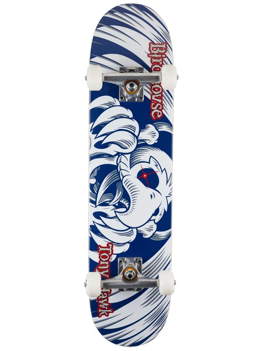 Skateboard with blue and white design on a white background
