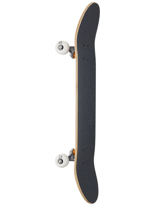 Skateboard deck with black grip tape on a white background