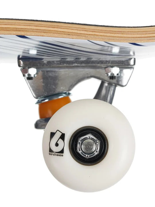 Close-up of a skateboard wheel with a visible brand logo on a white background