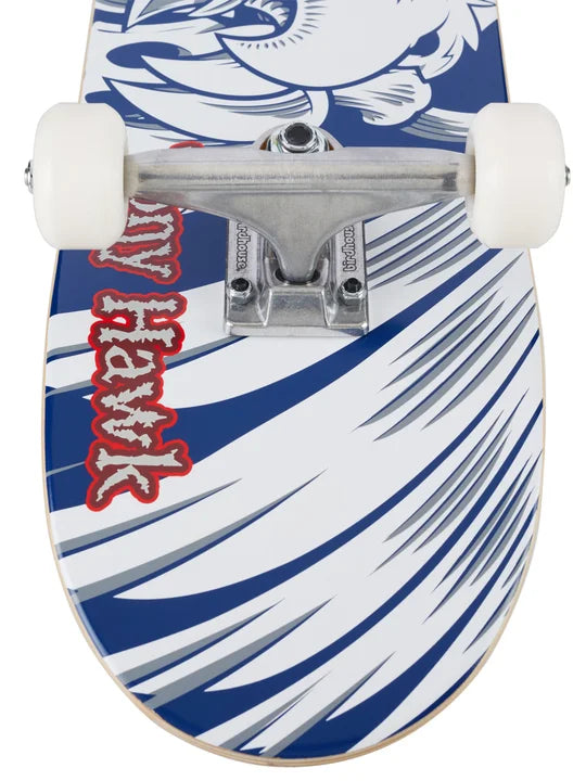Skateboard with blue and white design and red text on a white background