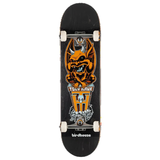 A Birdhouse brand skateboard featuring a black deck with a large Tony Hawk graphic in orange, yellow, and white, complete with silver wheels and trucks.