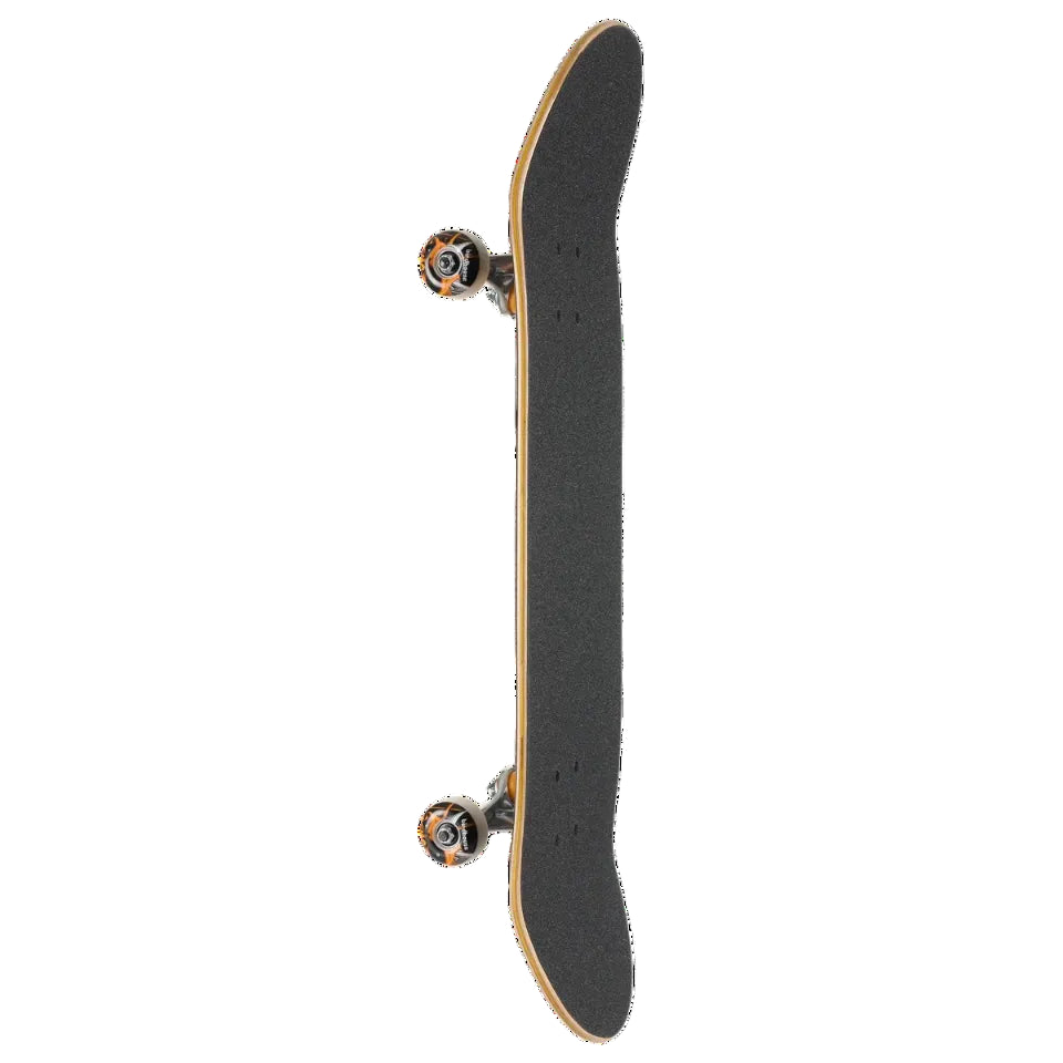 A skateboard shown vertically from the side against a plain white background, featuring a black grip tape deck with a natural wood edge and visible wheels and trucks.