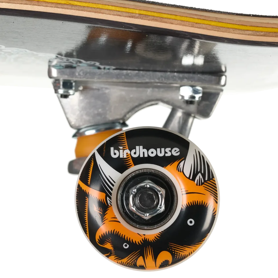 Close-up of a skateboard wheel and truck assembly on a white background, showing a Birdhouse brand wheel with a black and orange graphic pattern.