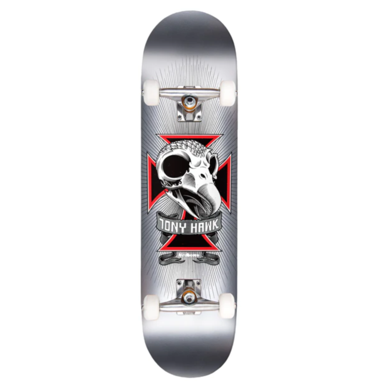 Skateboard deck with a design featuring a skull and crossbones on a white background