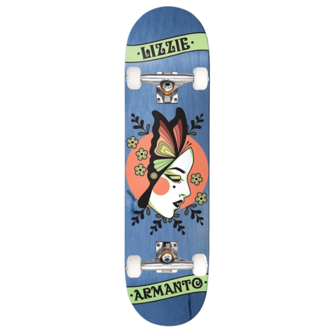 Skateboard deck with a colorful design of a woman's face and the word 'Lizzie' on a blue background.