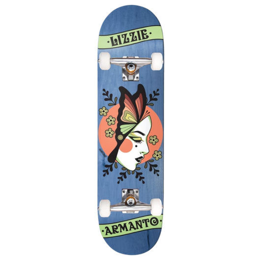 Skateboard deck with a colorful design of a woman's face and the word 'Lizzie' on a blue background.