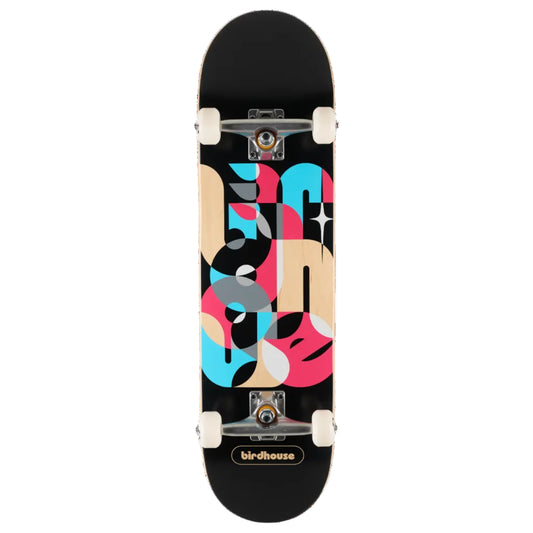 A full-size skateboard shown vertically against a plain white background. The deck is black with a bold, colorful abstract graphic pattern in pink, blue, beige, and gray.