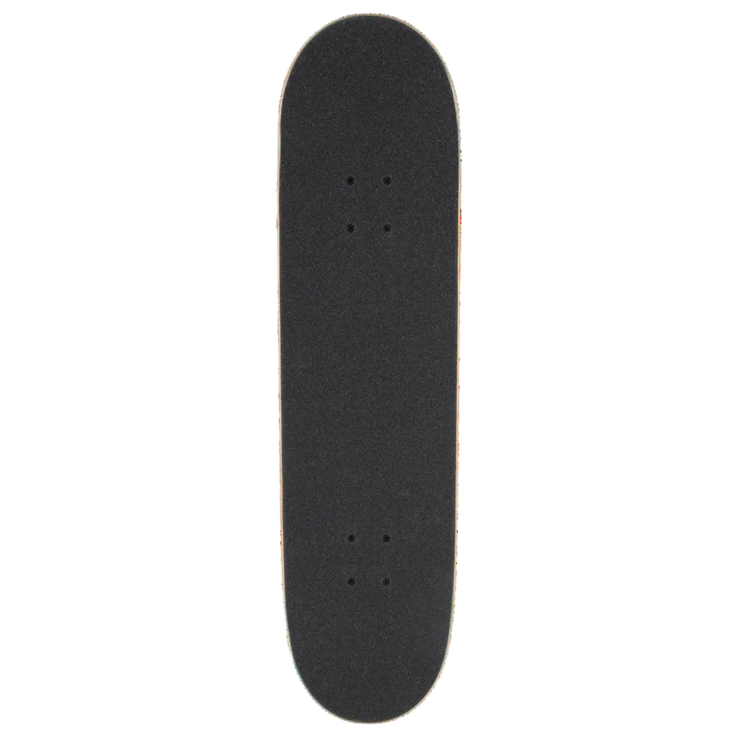 A black skateboard deck with grip tape, shown vertically against a plain white background.