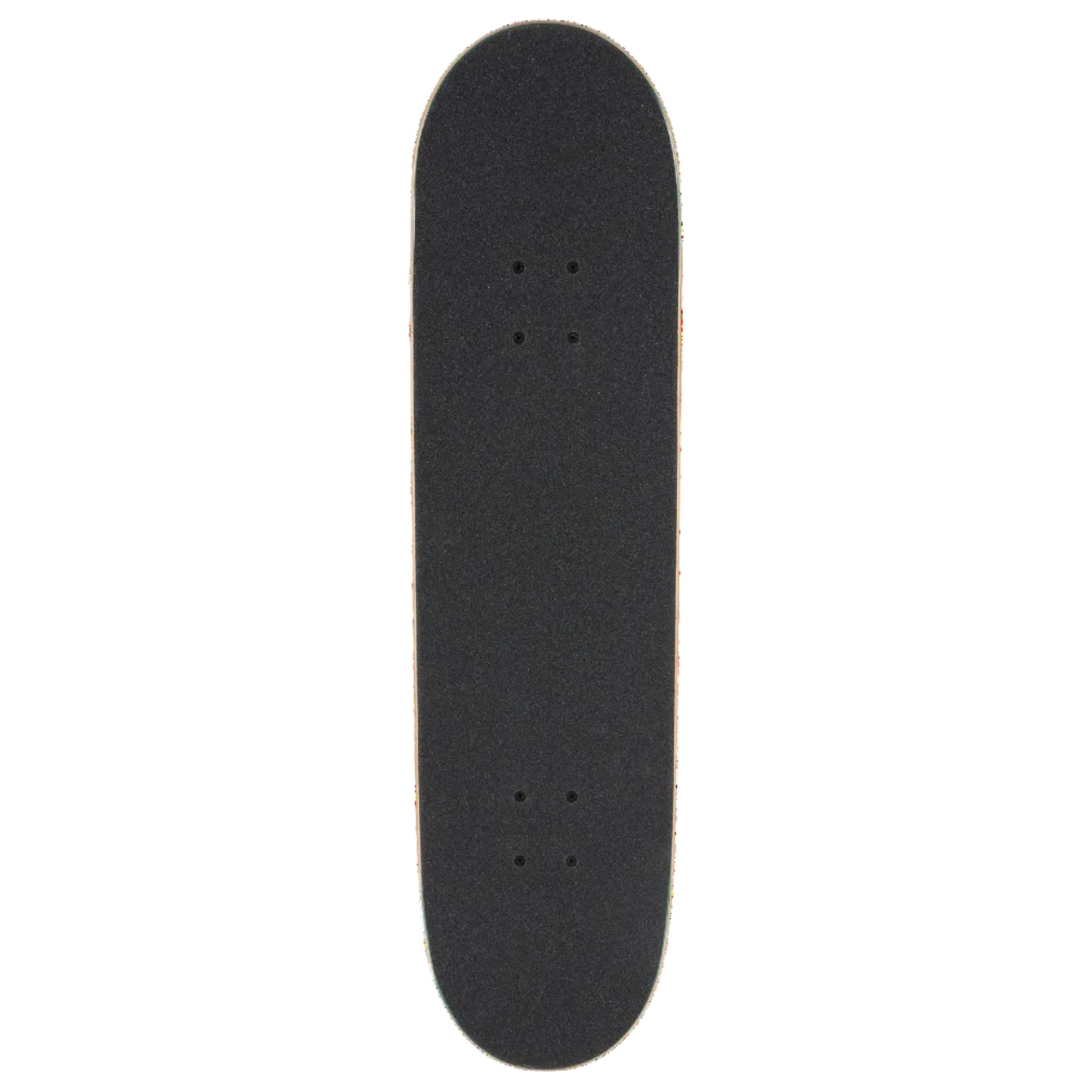 A black skateboard deck with grip tape, shown vertically against a plain white background.