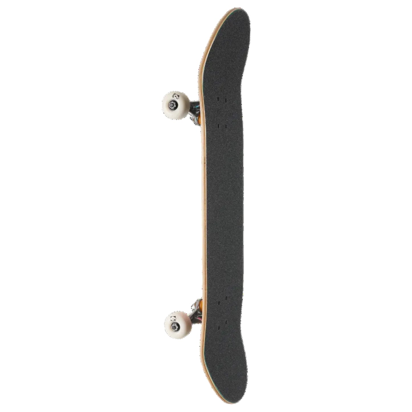 A skateboard shown vertically against a plain white background, featuring a black grip tape deck, natural wood edges, and white wheels.