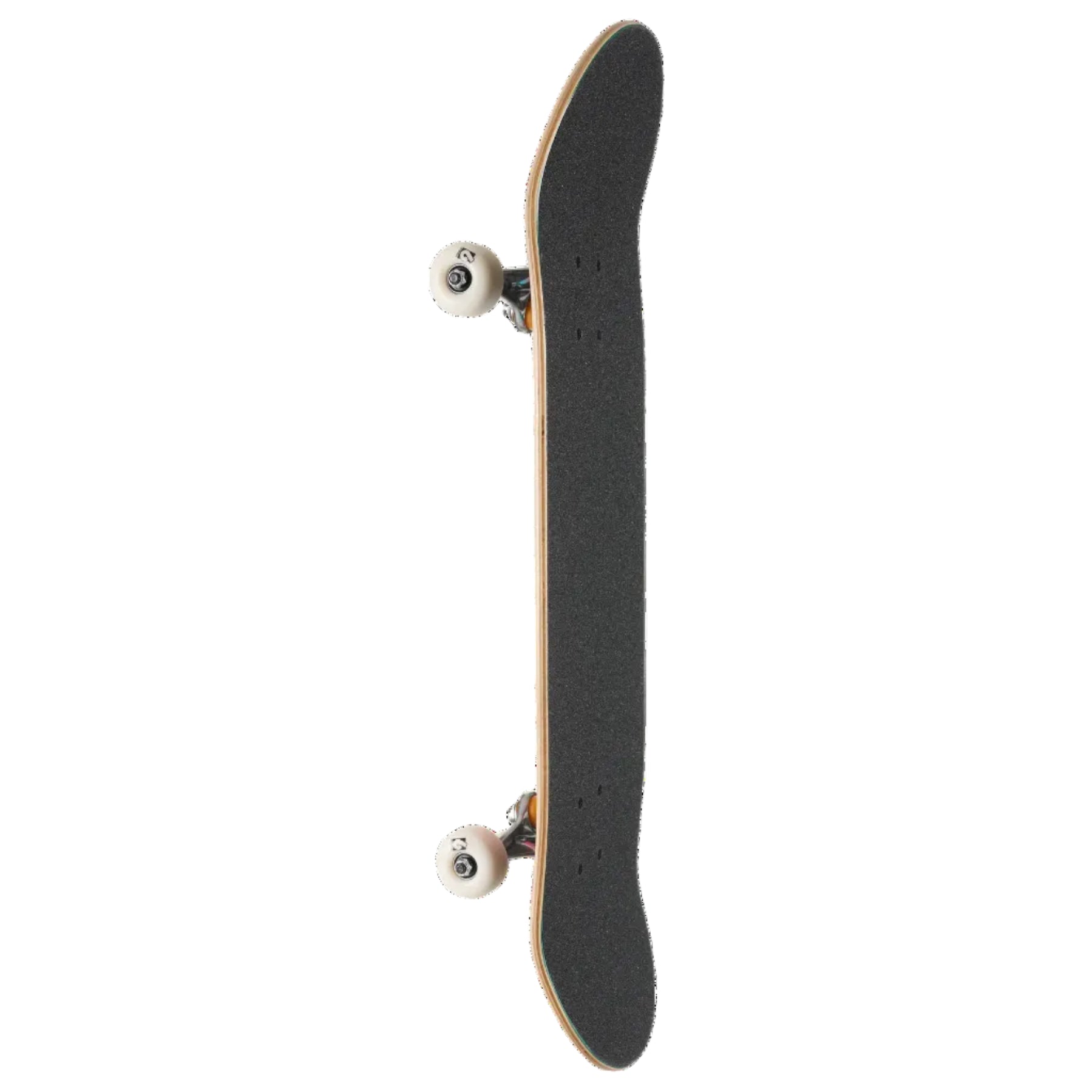 A skateboard shown vertically against a plain white background, featuring a black grip tape deck, natural wood edges, and white wheels.