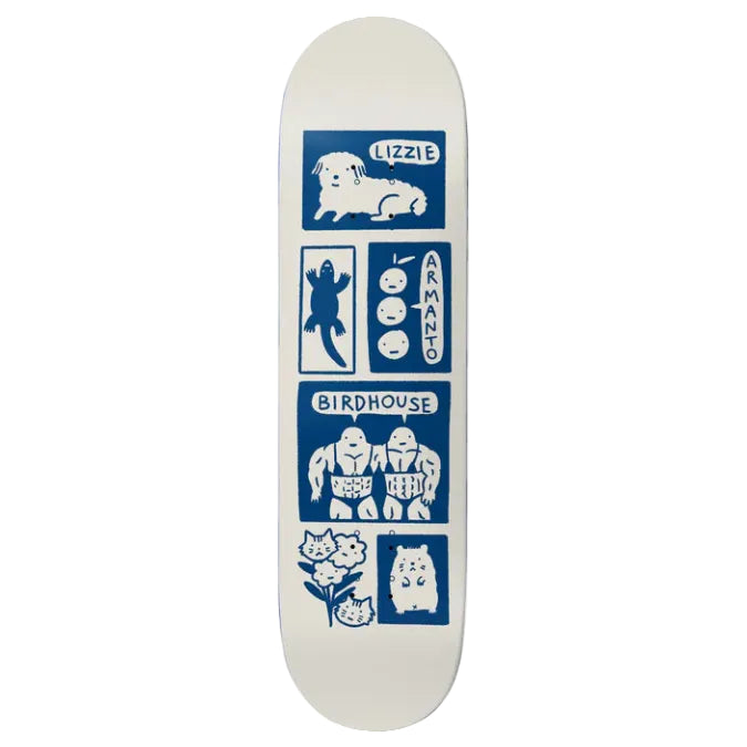 Skateboard deck with blue graphics and text on a white background