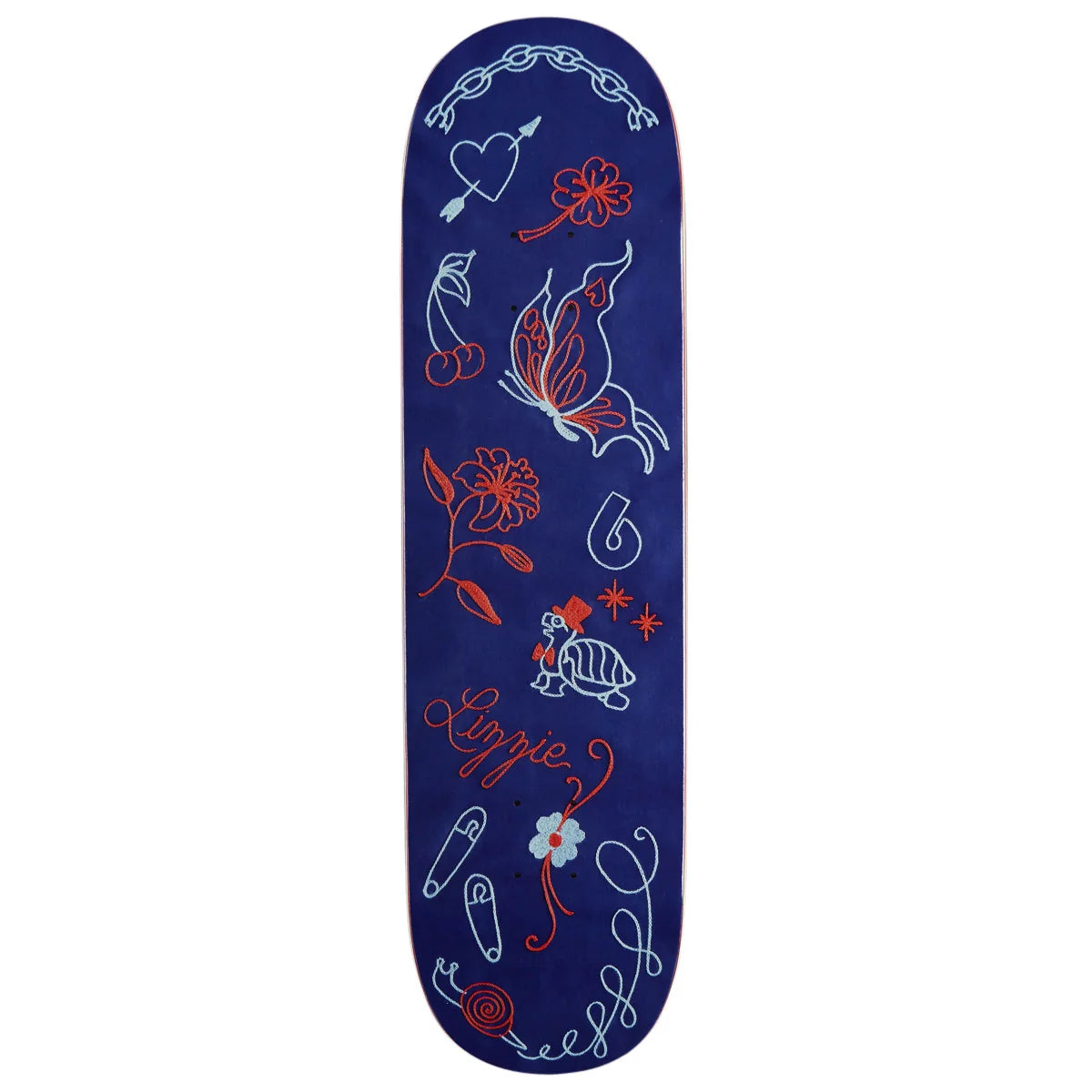 A dark blue skateboard deck featuring white and red hand-drawn style illustrations of a butterfly, cherries, flowers, a turtle, and the word 'Angie' in cursive script.