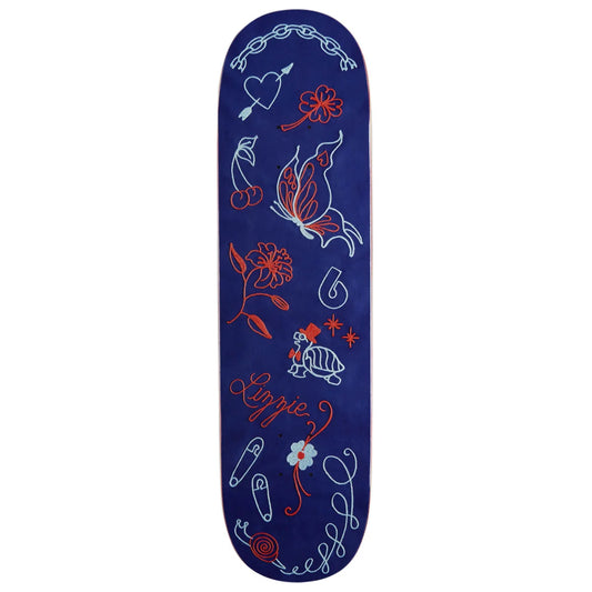 A dark blue skateboard deck featuring white and red hand-drawn style illustrations of a butterfly, cherries, flowers, a turtle, and the word 'Angie' in cursive script.