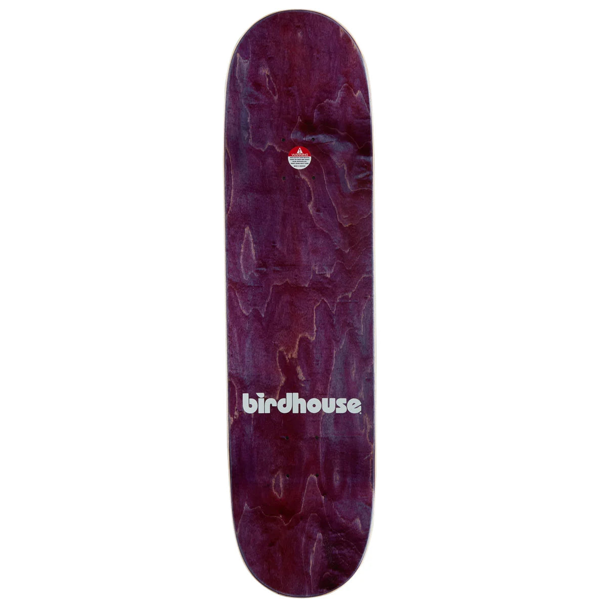 A Birdhouse skateboard deck with a dark purple and maroon woodgrain pattern, featuring the white 'birdhouse' logo near the bottom and a small red and white logo near the top.