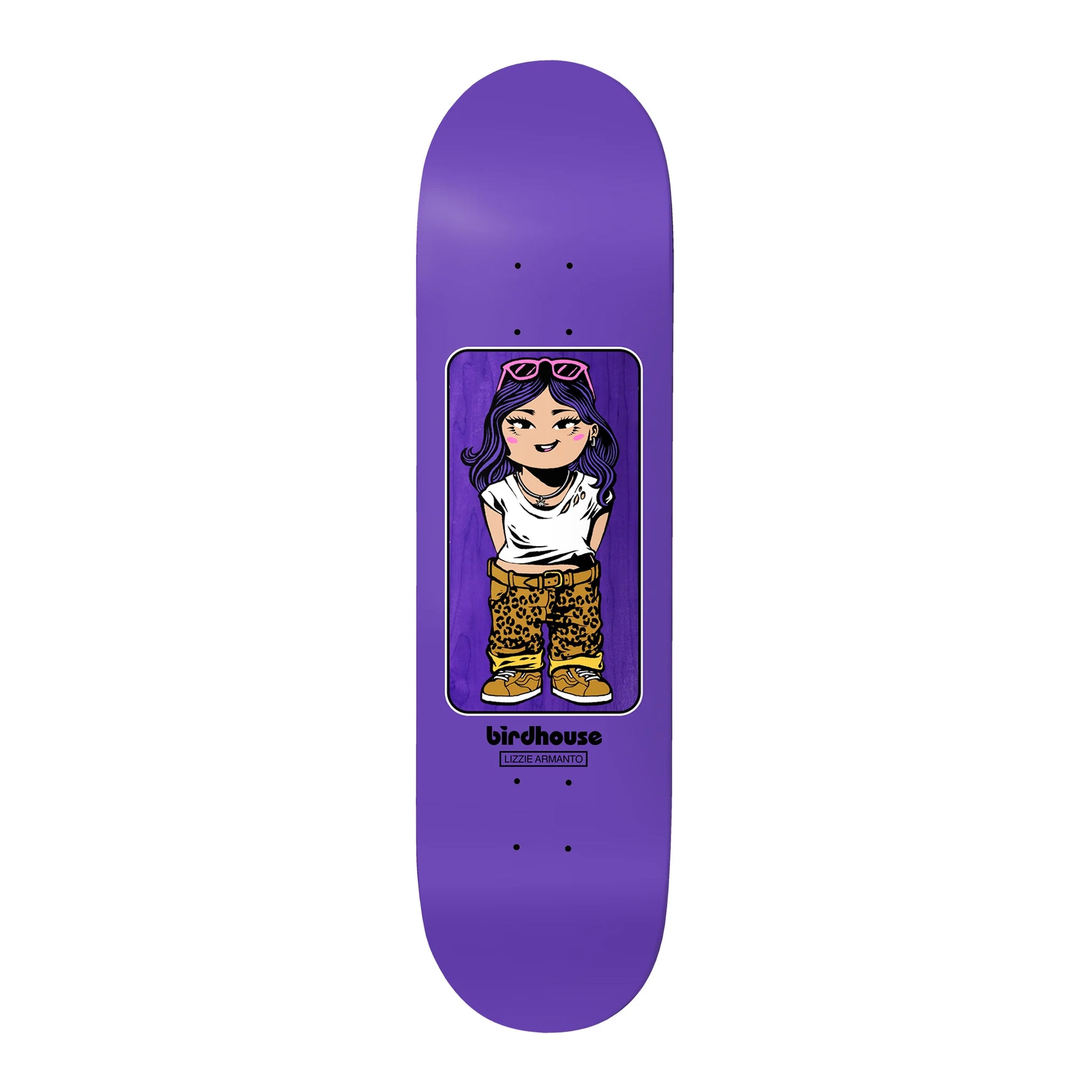 Purple skateboard deck with a cartoon character and 'birdhouse' branding on a white background