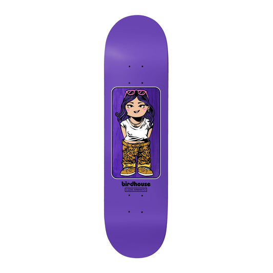 Purple skateboard deck with a cartoon character and 'birdhouse' branding on a white background