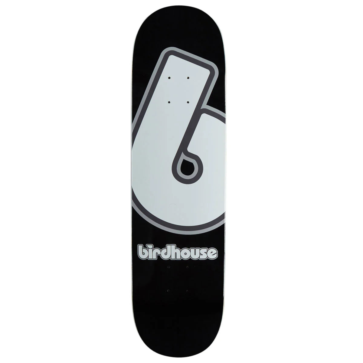 A skateboard deck featuring a black background with a large white stylized '6' graphic outlined in gray and the brand name 'birdhouse' in white near the bottom.