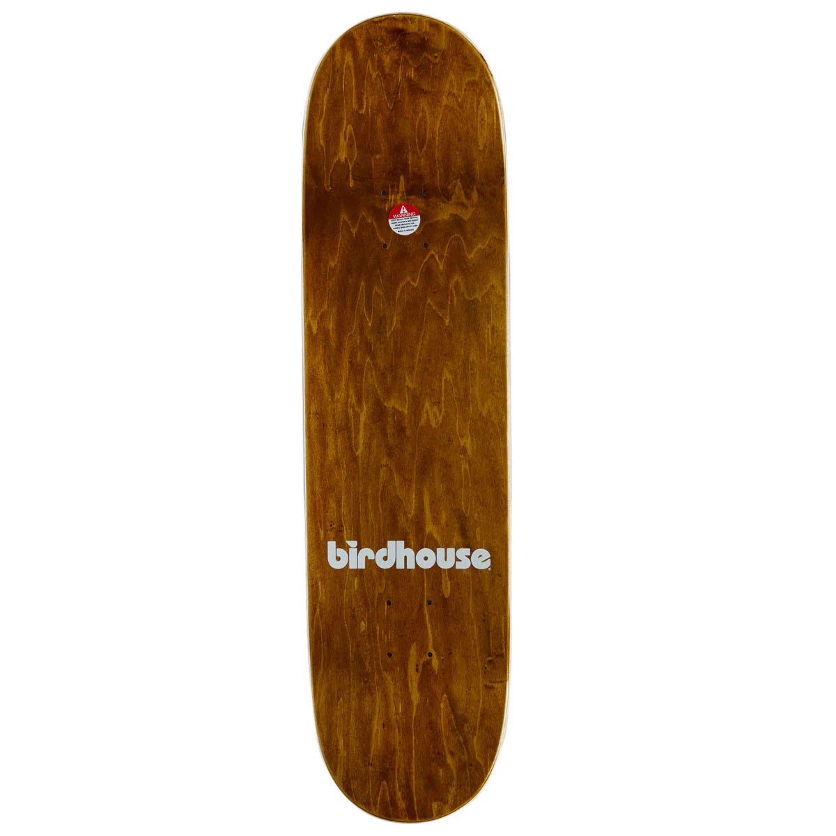 A Birdhouse skateboard deck with a glossy brown wood-grain finish, featuring the white 'birdhouse' logo near the bottom and a small red and white logo near the top, shown against a plain white background.