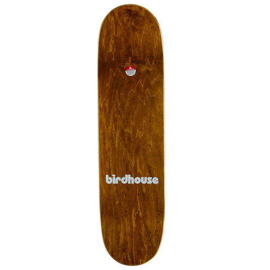 A Birdhouse skateboard deck with a glossy brown wood-grain finish, featuring the white 'birdhouse' logo near the bottom and a small red and white logo near the top, shown against a plain white background.
