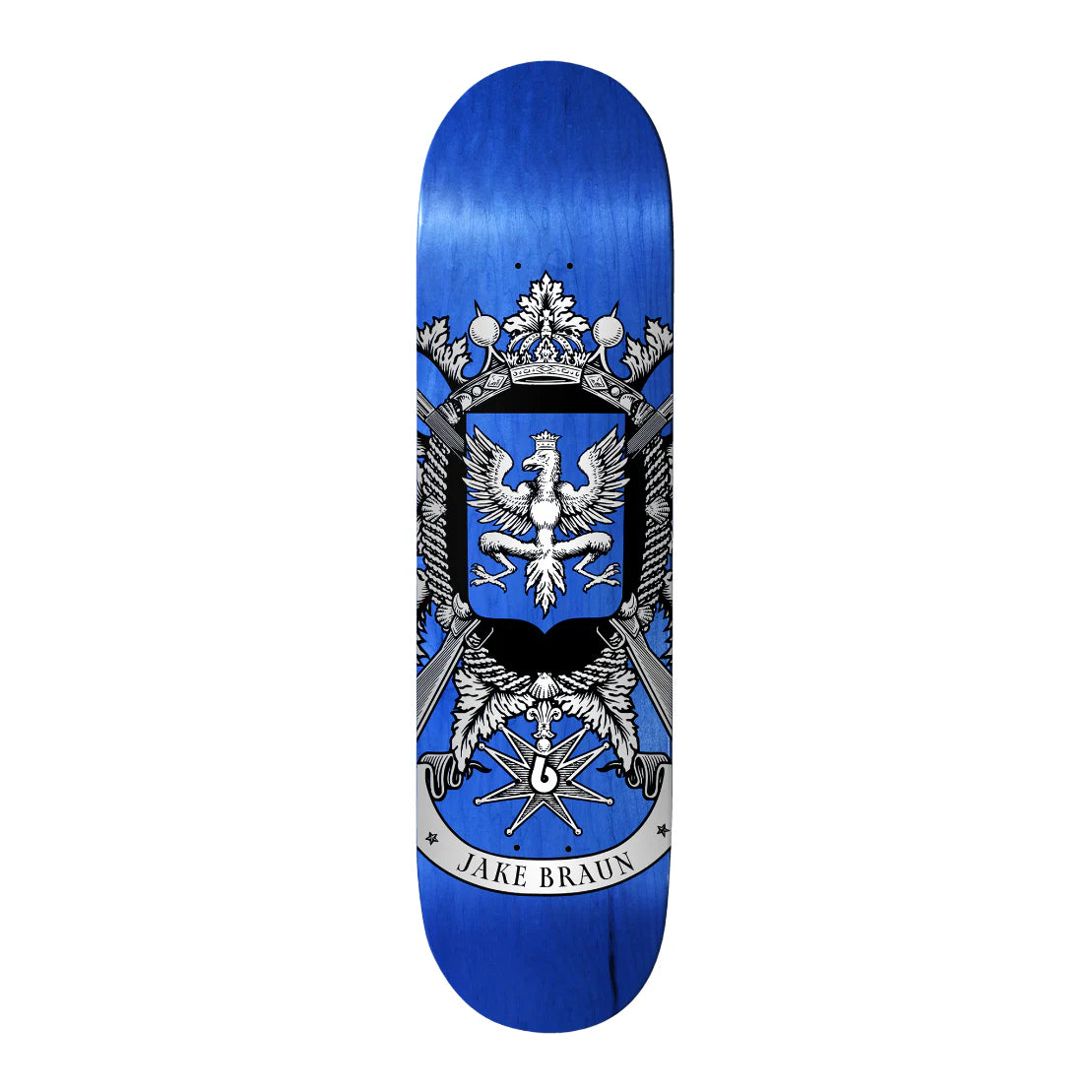 A skateboard deck featuring a vibrant blue background with a detailed crest graphic in silver, black, and white. The crest includes a double-headed eagle, crossed swords, and a banner at the bottom reading 'JAKE BRAUN'.