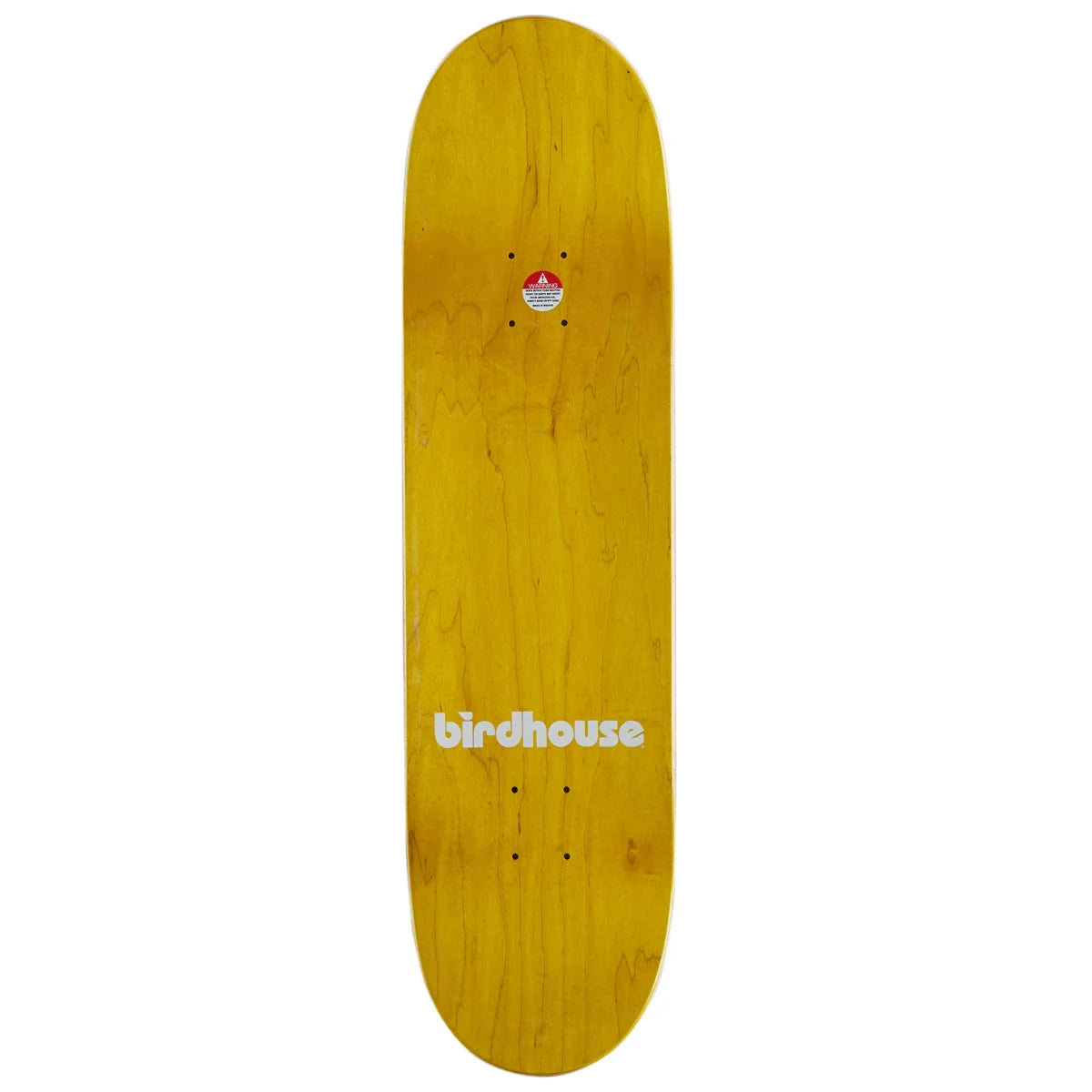 A Birdhouse skateboard deck shown from the underside, featuring a natural light wood grain finish with the white 'birdhouse' logo printed near the bottom center.